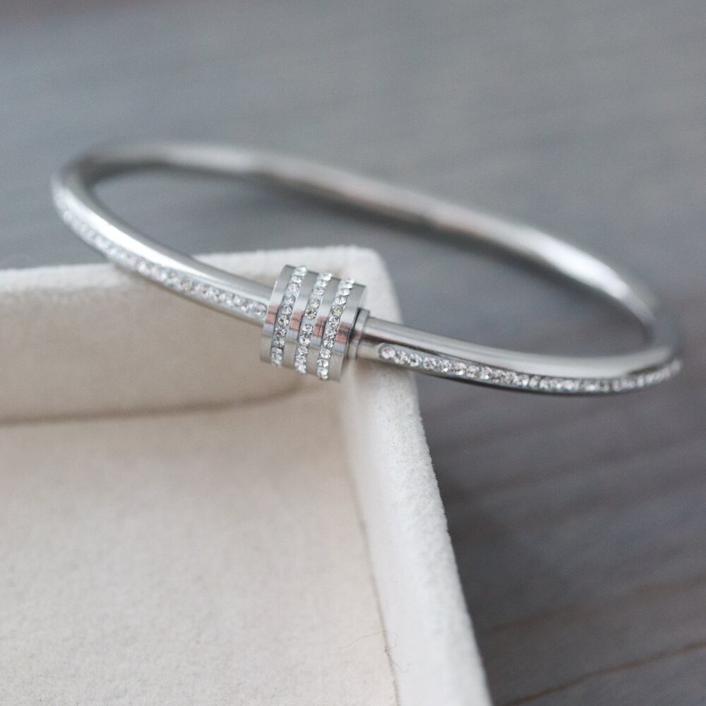Screw Lock Style with Rhinestone Bangle Bracelet Silver Stainless Steel